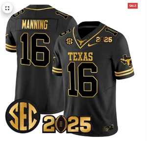 Men's Texas Longhorns 2025 CFP Final Gold Patch Vapor Limited Jersey Black Gold 16 Arch Manning