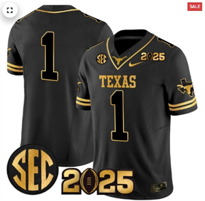 Men's Texas Longhorns 2025 CFP Final Gold Patch Vapor Limited Jersey Black Gold #1 Team