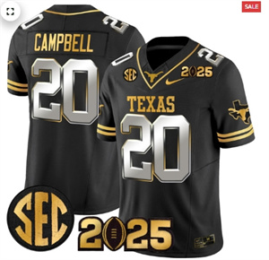 Men's Texas Longhorns 2025 CFP Final Gold Patch Vapor Limited Jersey Black Limited Earl Campbell