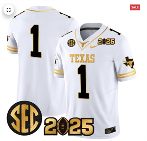 Men's Texas Longhorns 2025 CFP Final Gold Patch Vapor Limited Jersey White Gold #1 Team