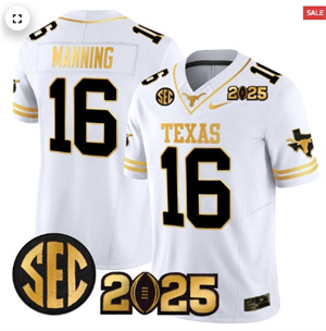 Men's Texas Longhorns 2025 CFP Final Gold Patch Vapor Limited Jersey White Gold Arch Manning 16