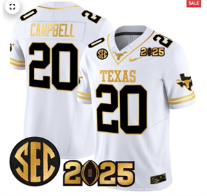Men's Texas Longhorns 2025 CFP Final Gold Patch Vapor Limited Jersey White Gold Earl Campbell 20