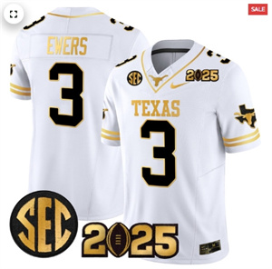 Men's Texas Longhorns 2025 CFP Final Gold Patch Vapor Limited Jersey White Gold Quinn Ewers 3