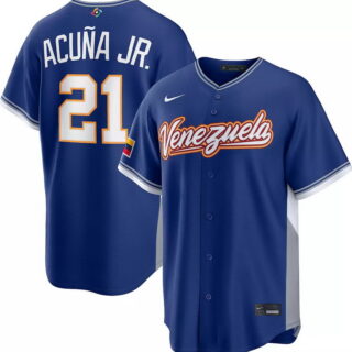 Men's World Baseball Classic 2026 Venezuela Blue Ronald Acuna Jr. #21 Stadium Road Jersey