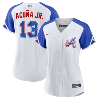 Women's Atlanta Braves #13 Ronald Acu?a Jr. White 2023 City Connect Stitched Baseball Jersey(Run Small)