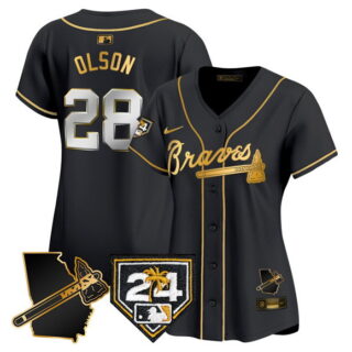 Women's Atlanta Braves #28 Matt Olson Black Gold 2024 Spring Training & Georgia Patch Vapor Limited Stitched Baseball Jersey(Run Small)