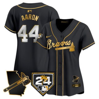 Women's Atlanta Braves #44 Hank Aaron Black Gold 2024 Spring Training & Georgia Patch Vapor Limited Stitched Baseball Jersey(Run Small)
