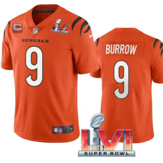 Women's Cincinnati Bengals #9 Joe Burrow 2022 Orange With C Patch Super Bowl LVI Vapor Limited Stitched Jersey