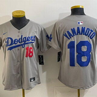 Women's Los Angeles Dodgers #18 Yoshinobu Yamamoto Grey 2025 World Series Champions Patch Limited Stitched Baseball Jersey(Run Small)