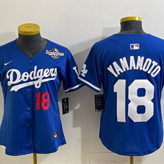 Women's Los Angeles Dodgers #18 Yoshinobu Yamamoto Royal 2025 World Series Patch Limited Stitched Baseball Jersey(Run Small)
