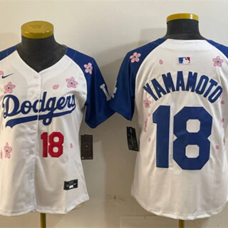 Women's Los Angeles Dodgers #18 Yoshinobu Yamamoto White Royal 2025 Tokyo Series Limited Stitched Baseball Jersey(Run Small)