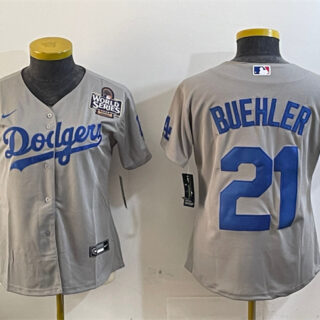 Women's Los Angeles Dodgers #21 Walker Buehler Grey 2024 World Series Cool Base Stitched Baseball Jersey(Run Small)