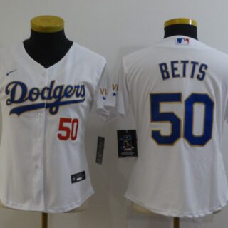 Women's Los Angeles Dodgers #50 Mookie Betts White Gold Championship Cool Base Stitched Jersey(Run Small)