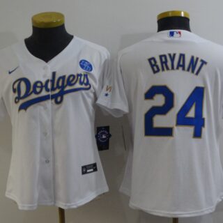 Women's Los Angeles Dodgers Front #8 Back #24 Kobe Bryant White Gold Championship Cool Base Stitched Jersey(Run Small)