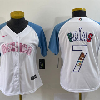 Women's Mexico Baseball #7 Julio Ur??as 2023 White Blue World Baseball Classic Stitched Jersey(Run Small)