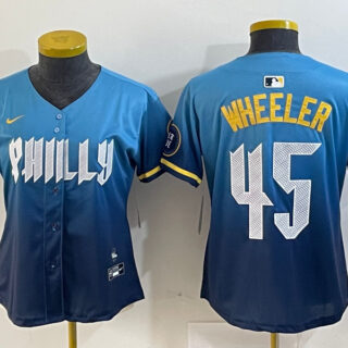 Women's Philadelphia Phillies #45 Zack Wheeler Blue 2024 City Connect Limited Stitched Baseball Jersey