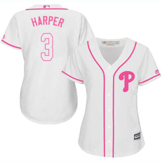 Women's Phillies #3 Bryce Harper White Pink Fashion Women's Stitched Baseball Jersey