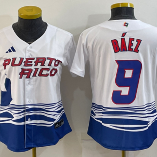 Women's Puerto Rico Baseball #9 Javier B??ez 2023 White World Baseball Classic Stitched Jersey(Run Small)