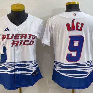 Women's Puerto Rico Baseball #9 Javier B??ez 2023 White World Baseball Classic Stitched Jersey(Run Small)