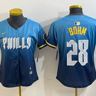 Women??s Philadelphia Phillies #28 Alec Bohm Blue 2024 City Connect Limited Stitched Baseball Jersey