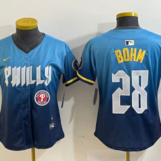 Women??s Philadelphia Phillies #28 Alec Bohm Blue 2024 City Connect Limited Stitched Baseball Jersey