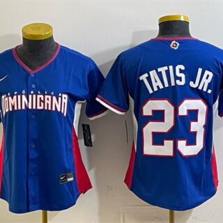 Women's Dominican Republic Baseball #23 Fernando Tatis Jr. Royal 2026 World Baseball Classic Road Stadium Stitched Baseball Jersey(Run Small)