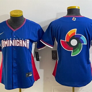 Women's Dominican Republic Baseball Royal 2026 World Baseball Classic Big Logo Road Stadium Stitched Baseball Jersey(Run Small)