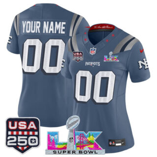 Women's New England Patriots Active Player Custom Storm Blue 2025 F.U.S.E. Super Bowl LX & USA 250' Patch Rivalries Vapor Limited Football Stitched Jersey(Run Small)