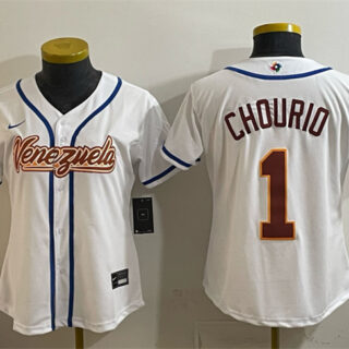 Women's Venezuela Baseball #1 Jackson Chourio White 2026 World Baseball Classic Home Stadium Stitched Baseball Jersey(Run Small)