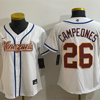 Women's Venezuela Baseball #26 Campeones White 2026 World Baseball Classic Home Stadium Stitched Baseball Jersey(Run Small)