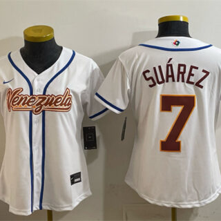 Women's Venezuela Baseball #7 Eugenio Suarez White 2026 World Baseball Classic Home Stadium Stitched Baseball Jersey(Run Small)