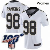 Women's Nike New Orleans Saints 98 Sheldon Rankins White Vapor Untouchable Limited Stitched 100th anniversary Neck Patch NFL Jersey