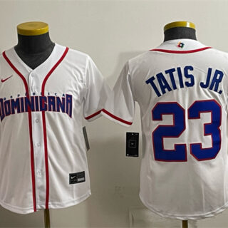 Youth Dominican Republic Baseball #23 Fernando Tatis Jr. White 2026 World Baseball Classic Home Stadium Stitched Baseball Jersey