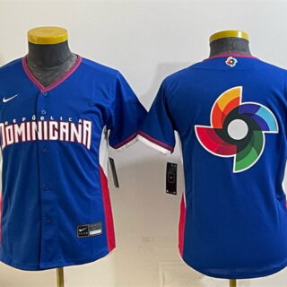 Youth Dominican Republic Baseball Royal 2026 World Baseball Classic Big Logo Road Stadium Stitched Baseball Jersey