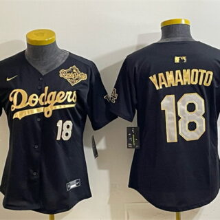 Youth Los Angeles Dodgers #18 Yoshinobu Yamamoto Black Gold 2025 World Series Patch Limited Stitched Baseball Jersey