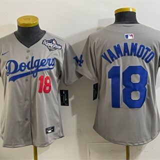 Youth Los Angeles Dodgers #18 Yoshinobu Yamamoto Grey 2025 World Series Patch Limited Stitched Baseball Jersey