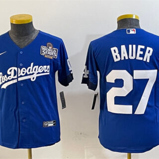 Youth Los Angeles Dodgers #27 Trevor Bauer Blue 2024 World Series City Connect Cool Base Stitched Jersey
