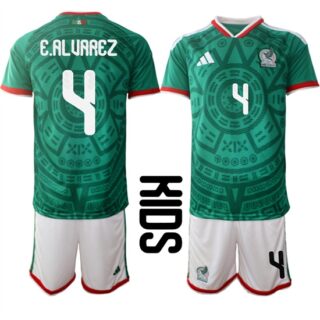 Youth Mexico #4 E.ALUAREZ National Team FIFA x World Cup 2026 Home Green On Field Kids Jersey