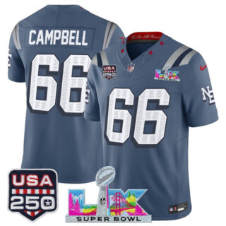 Youth New England Patriots #66 Will Campbell Storm Blue 2025 F.U.S.E. Super Bowl LX & USA 250' Patch Rivalries Vapor Limited Stitched Football Jersey