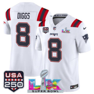 Youth New England Patriots #8 Stefon Diggs White 2025 F.U.S.E. Super Bowl LX & USA 250' Patch Vapor Limited Stitched Football Jersey