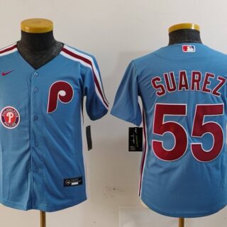 Youth Philadelphia Phillies #55 Ranger Su??rez Blue Cool Base Stitched Baseball Jerseys