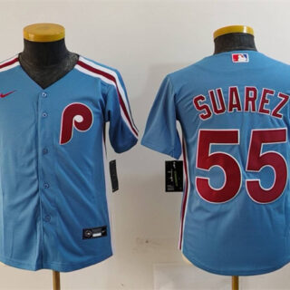 Youth Philadelphia Phillies #55 Ranger Su??rez Blue Cool Base Stitched Baseball Jersey