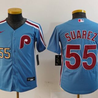 Youth Philadelphia Phillies #55 Ranger Su??rez Blue Cool Base Stitched Baseball Jerseys