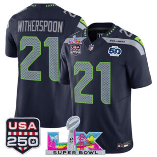Youth Seattle Seahawks #21 Devon Witherspoon Navy 2025 F.U.S.E. Super Bowl LX Patch And 50th Season & USA 250' Patch Vapor Limited Stitched Football Jersey