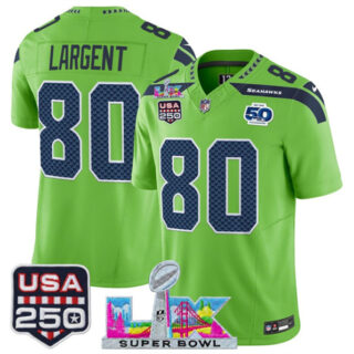 Youth Seattle Seahawks #80 Steve Largent Green 2025 F.U.S.E. Super Bowl LX Patch And 50th Season & USA 250' Patch Vapor Limited Stitched Football Jersey