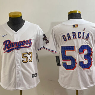 Youth Texas Rangers #53 Adolis Garc??a White Gold Cool Base Stitched Baseball Jersey