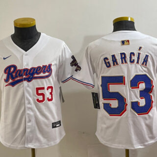 Youth Texas Rangers #53 Adolis Garc??a White Gold Cool Base Stitched Baseball Jersey