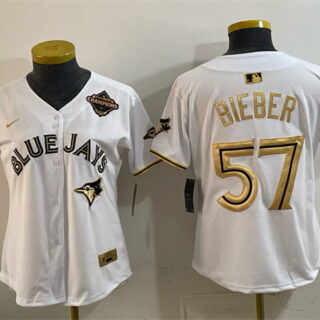 Youth Toronto Blue Jays #57 Shane Bieber White Gold 2025 American League Champions Limited Stitched Baseball Jersey