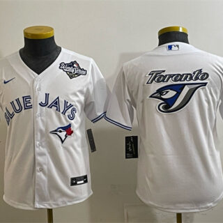 Youth Toronto Blue Jays Team Big Logo White 2025 World Series Home Cool Base Stitched Baseball Jersey