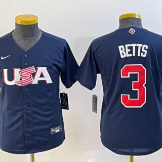 Youth USA Baseball #3 Mookie Betts 2023 Navy World Baseball Classic Stitched Jersey